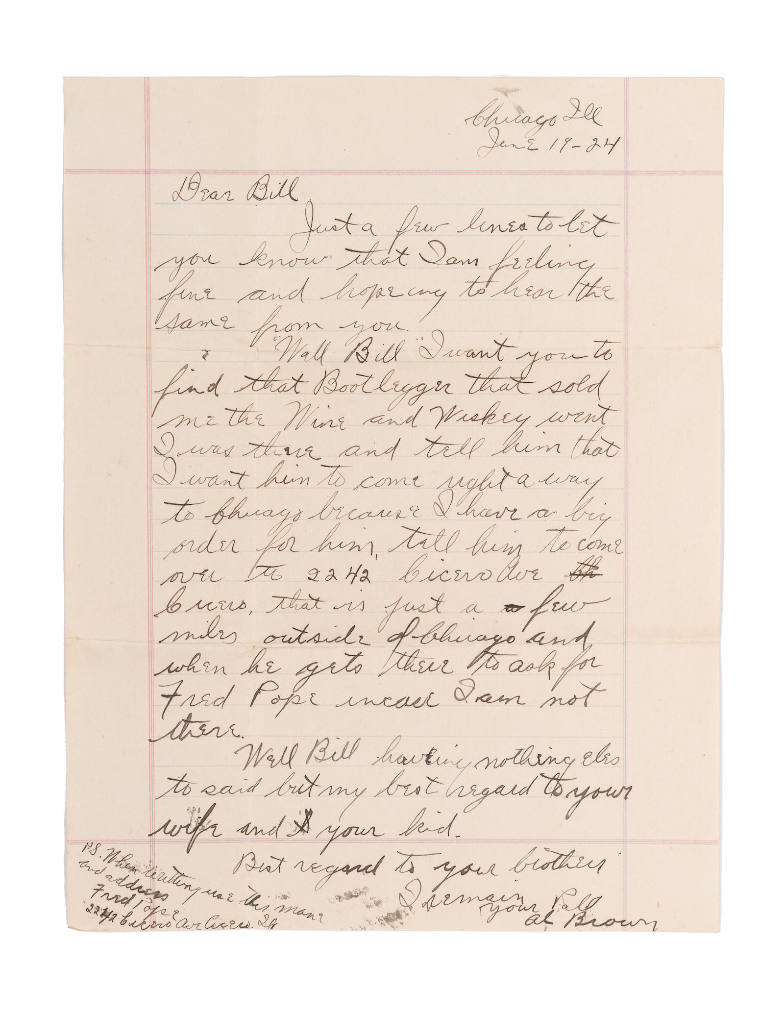 Autograph letter signed (as "Al Brown"), to Bill [Sells]. Chicago, IL, 14 June 1924
