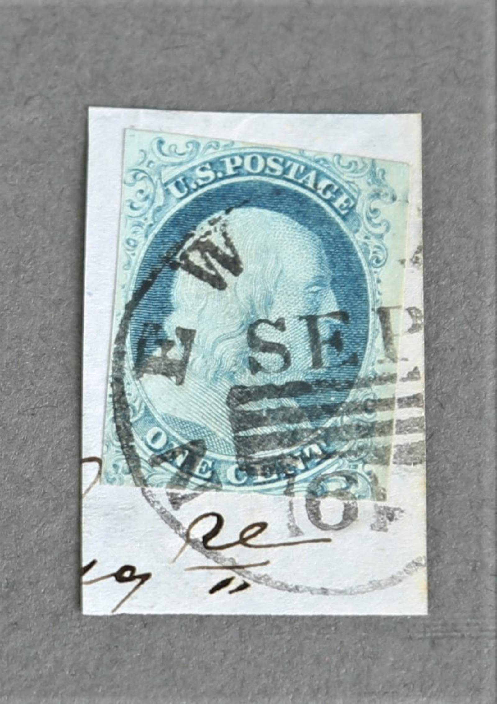 A fine example of an 1851 Benjamin Franklin 1-cent stamp (Blue, Type lb, 5A),