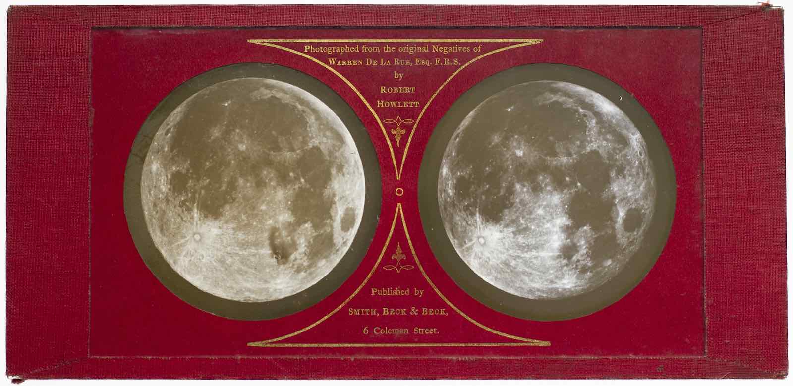 The Moon, London, 1858. Stereoscopic diapositive on glass. Photo by Warren De la Rue (1815–1889), Printed by Robert Howlett.