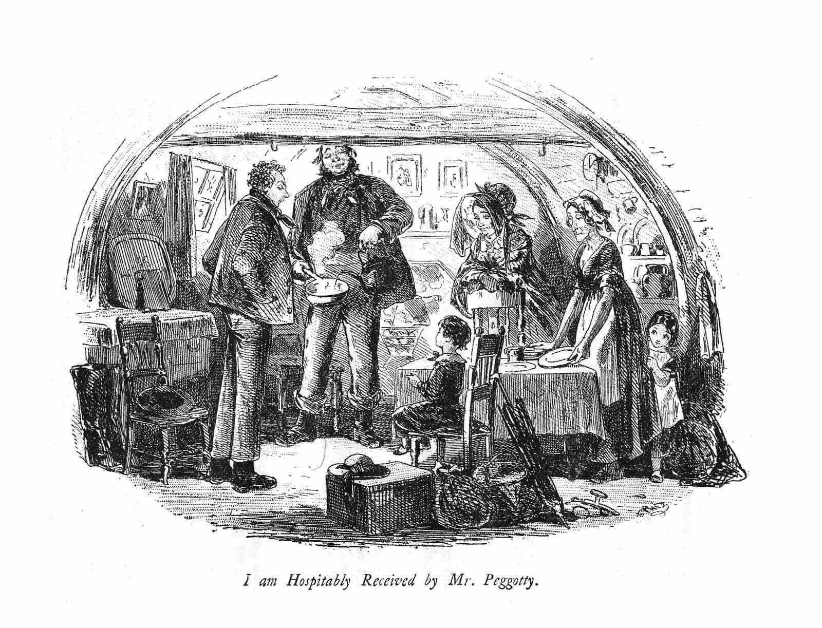 I am Hospitably Received by Mr. Peggotty, from David Copperfield, illustrated by Phiz (Hablot Knight Browne)