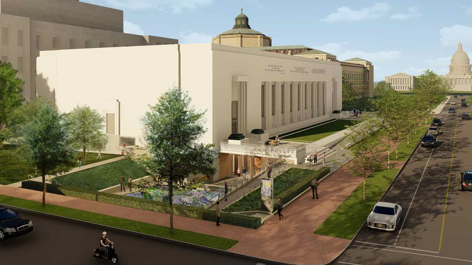 Aerial view of the East Entry and Plaza Gardens at the Folger rendering
