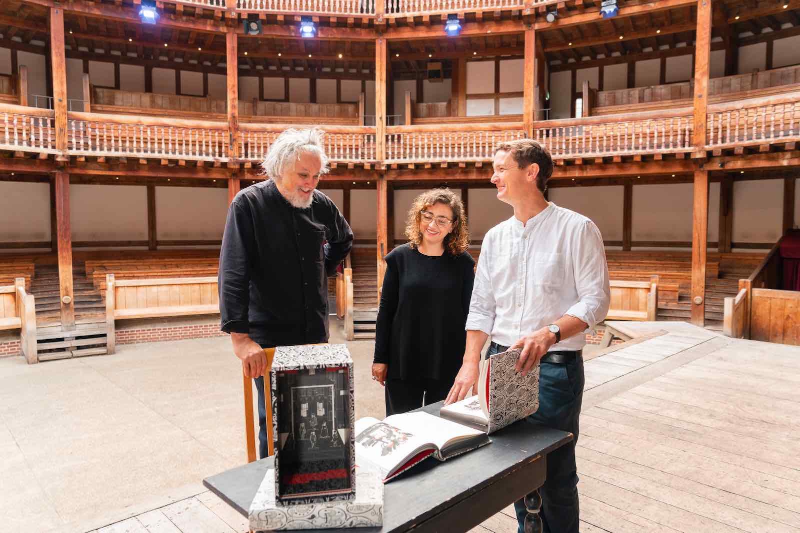 Pictured left to the right at the unveiling of the books onstage at the Globe Theatre, London: artist and illustrator, Neil Packer; The Folio Society’s art director, Raquel Leis Allion; and The Folio Society’s publishing director, Tom Walker.