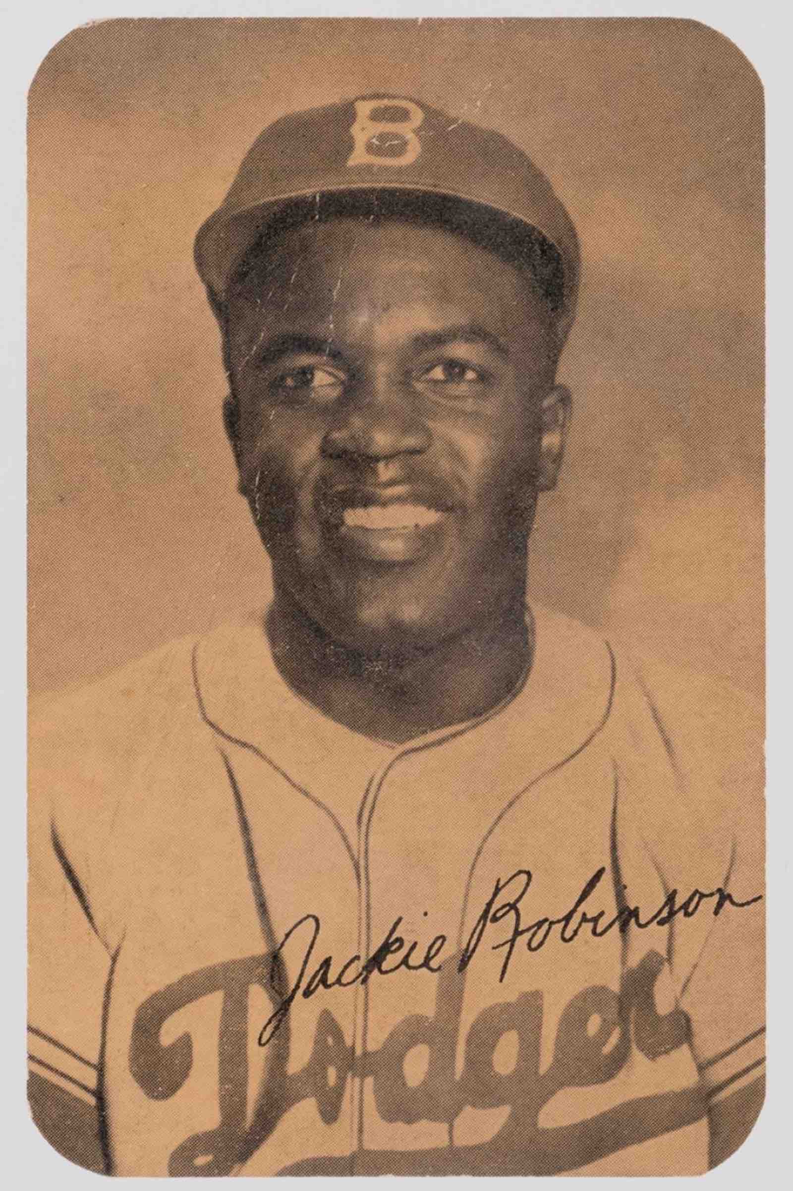 1953 ‘Our Sports’ magazine subscription-incentive baseball card with image of Hall of Famer Jackie Robinson in his Brooklyn Dodgers uniform.