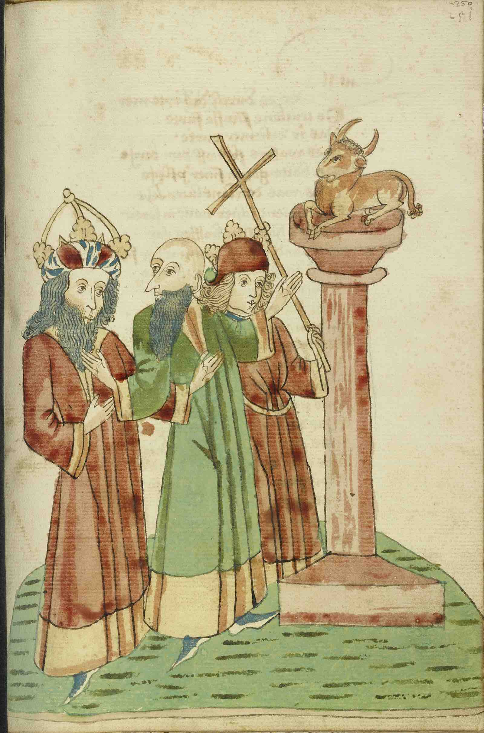 King Avenir, Josaphat, and Nachor behold the  Golden Calf, 1469, from Barlaam and Josaphat, illuminated by a follower of Hans Schilling from the workshop of Diebold Lauber, ink, colored washes, and tempera colors on paper