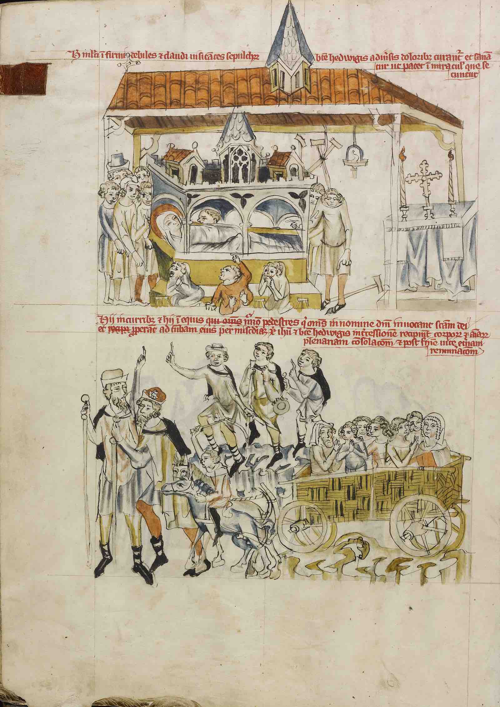 The Sick, the Leprous, and the Lame Praying at Saint Hedwig’s Tomb; People Coming to  Visit Saint Hedwig’s Tomb from Life of the  Blessed Hedwig, 1353, Silesian. Tempera colors, colored washes, and ink.