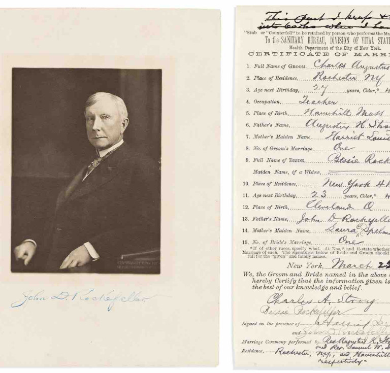 (left) John D. Rockefeller, Photograph Signed, circa 1905 (estimate $800-$1,200) and (right) John D. Rockefeller, certificate of marriage for his daughter Elizabeth signed, 1889 (estimate $600-$900)