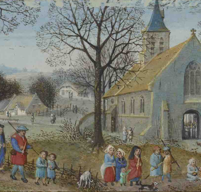 Villagers on Their Way to Church from Book of  Hours, about 1550.  Simon Bening (Flemish, about 1483 – 1561). Tempera colors and gold paint.