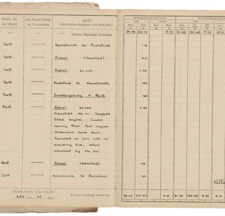 Spitfire pilot Sergeant S Baxter's Battle of Britain logbook