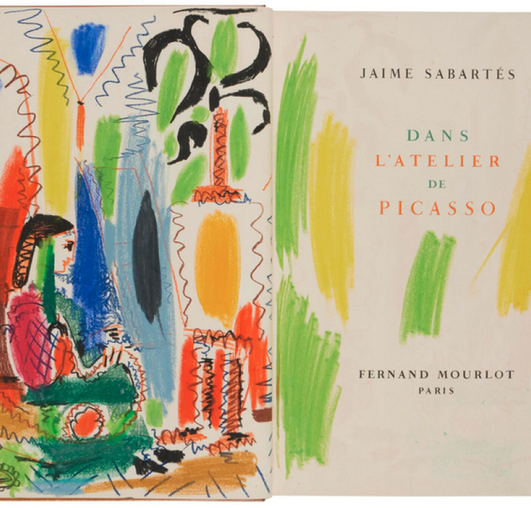 Opening spread from "Dans l'Atelier de Picasso" with Picasso drawing.